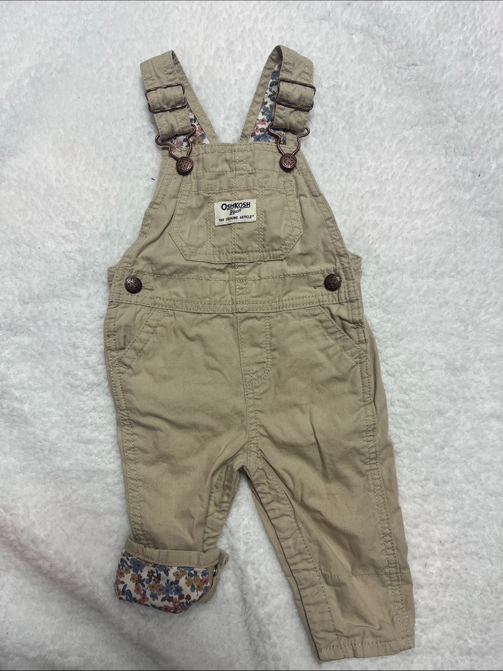 OshKosh B'gosh Beige Tan Floral-Trim Overalls
